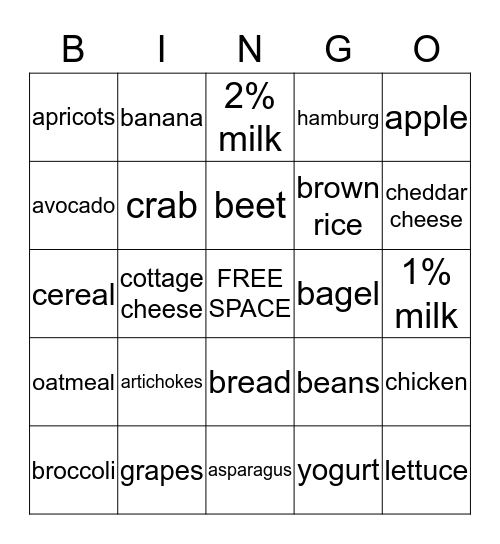 Healthy Food Bingo Card