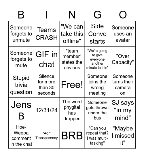 PI Planning - Performance team Bingo Card