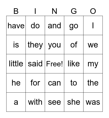 Heart Word Bingo Card