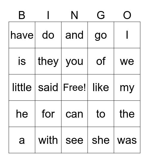 Heart Word Bingo Card