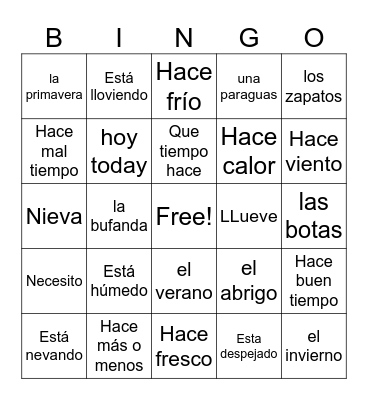 Spanish Weather Bingo Card