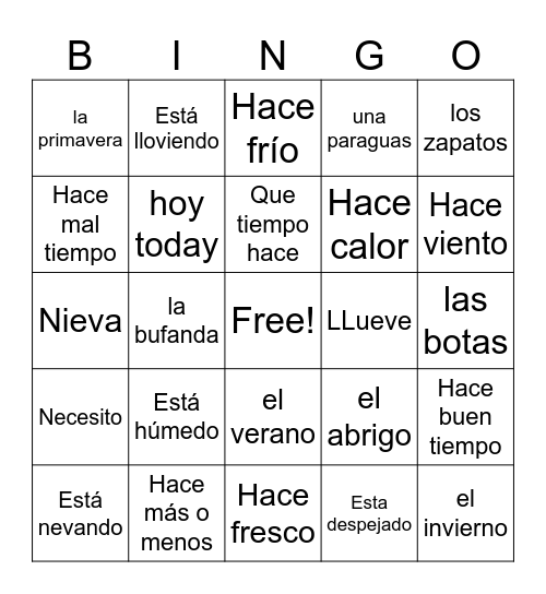Spanish Weather Bingo Card