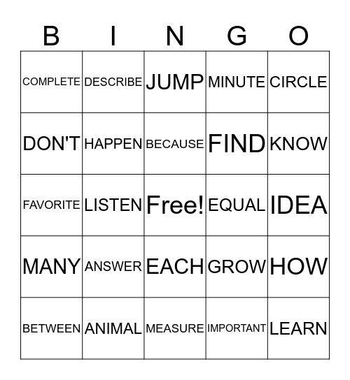 A-M Sight Word BINGO Card