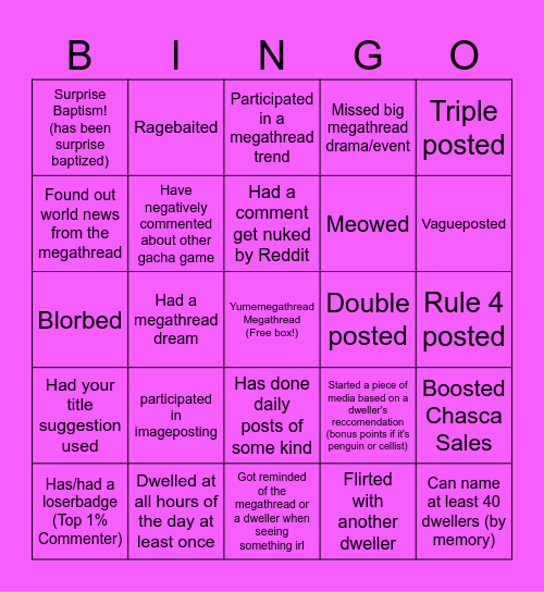 Cross off things you've done while dwelling Bingo Card