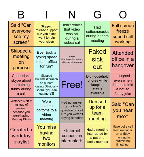 Remote Office Bingo Card