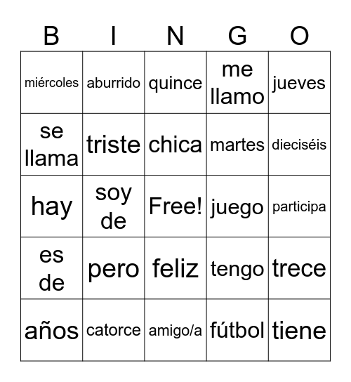 Vocabulario Preliminar Bingo Card