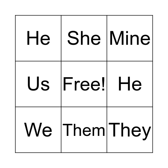 Pronoun BINGO  Bingo Card