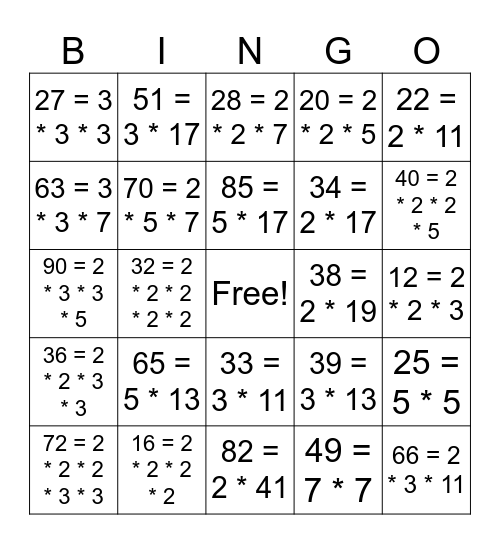 Prime Factorization Bingo Card