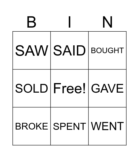 Past Simple Verbs Bingo Card