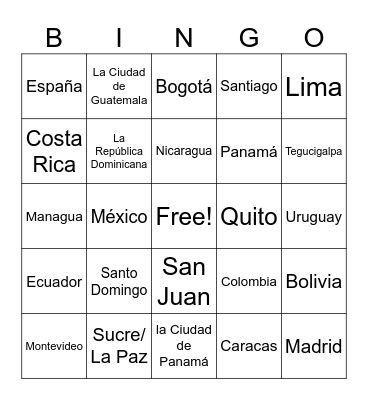 Spanish Speaking Countries & Guinea Capitals Bingo Card
