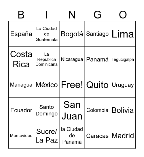 Spanish Speaking Countries & Guinea Capitals Bingo Card
