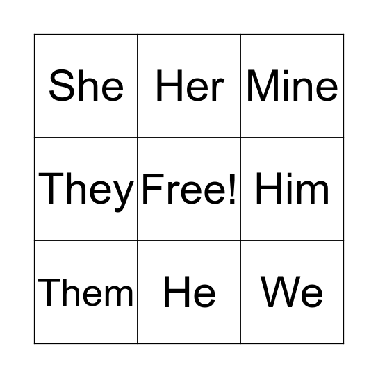 Pronoun BINGO  Bingo Card