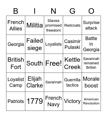American Revolution Bingo Card
