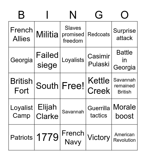 American Revolution Bingo Card
