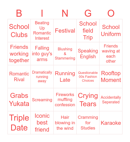Slice of Life Bingo Card