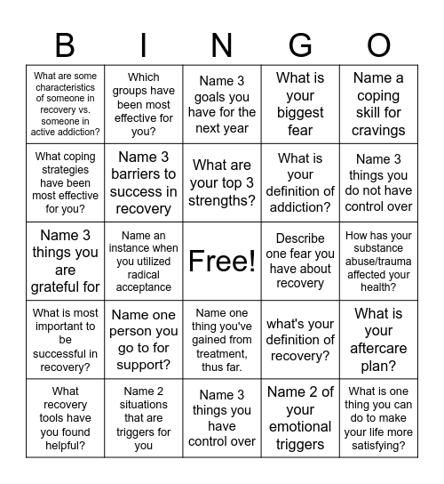Recovery Bingo! Bingo Card