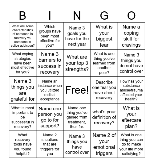Recovery Bingo! Bingo Card