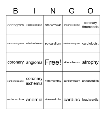 HEART MEDICAL TERMS FIRST SET Bingo Card