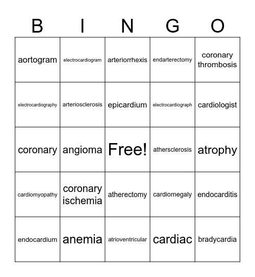 HEART MEDICAL TERMS FIRST SET Bingo Card