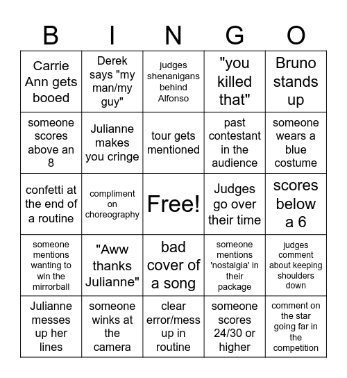 DWTS S34 One Hit Wonder Night! Bingo Card