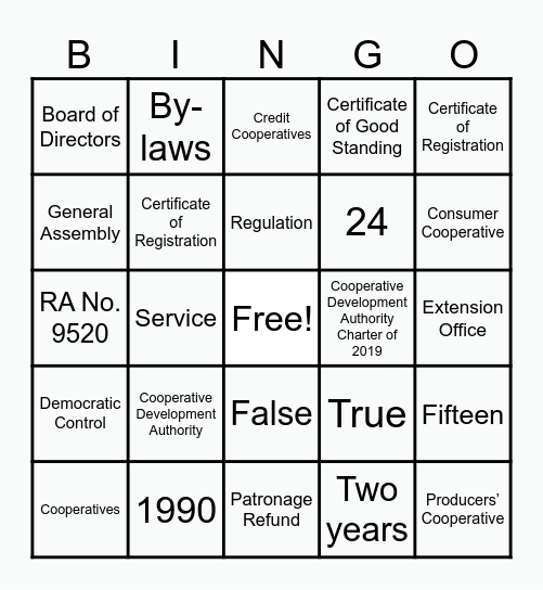 Cooperative Development Authority (CDA) Bingo Card