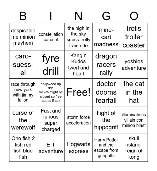 universal bingo Card