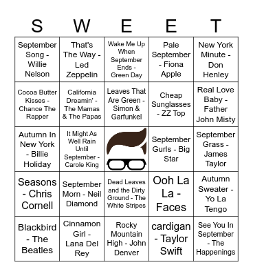 Sweet Avenue Music Bingo 9/23 Bingo Card
