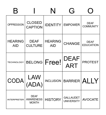 ASL 2-Deaf Awareness Bingo Card