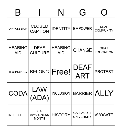 ASL 2-Deaf Awareness Bingo Card