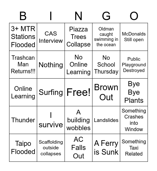 Typhoon Ragasa Bingo Card