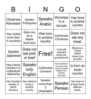 Multicultural Bingo Card