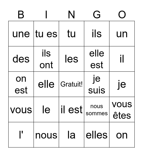 Les Articles et Etre Bingo Card
