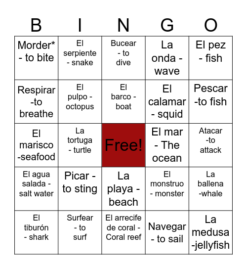 spanish Bingo Card