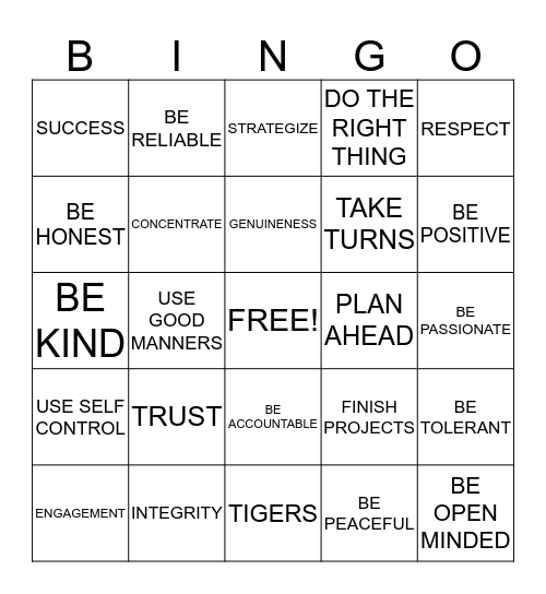 tigers bingo Card