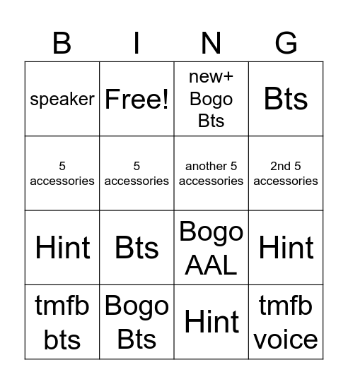 Tuesday Bingo Card
