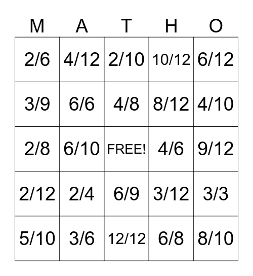 EQUIVALENT FRACTIONS Bingo Card