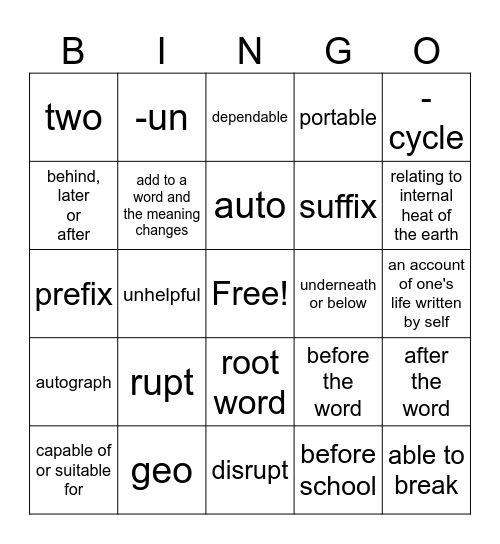 AFFIX Bingo Card