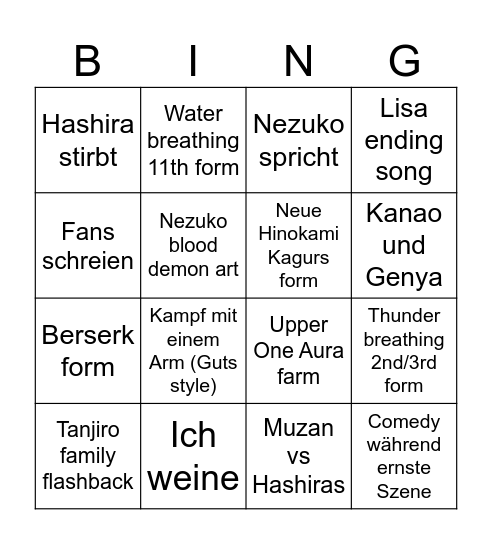 Demon Slayer Bingo Card