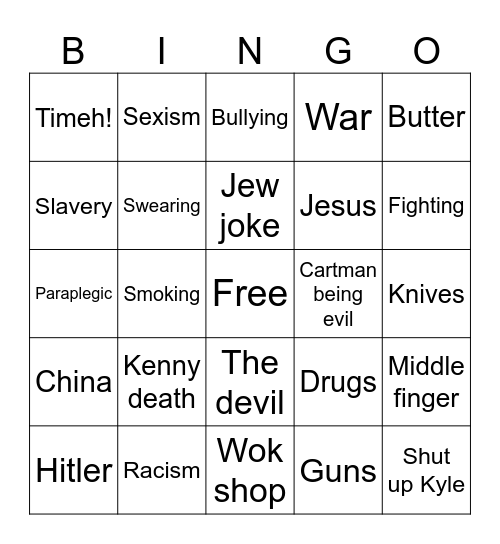 South Park bingo Card