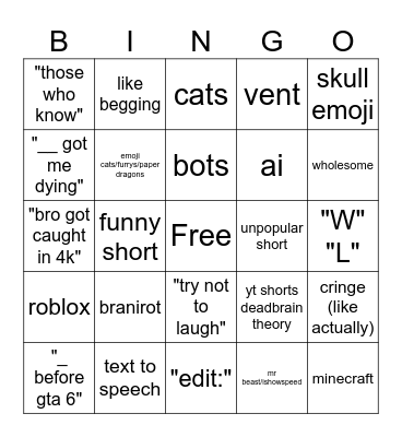 YT SHORTS BINGO Card