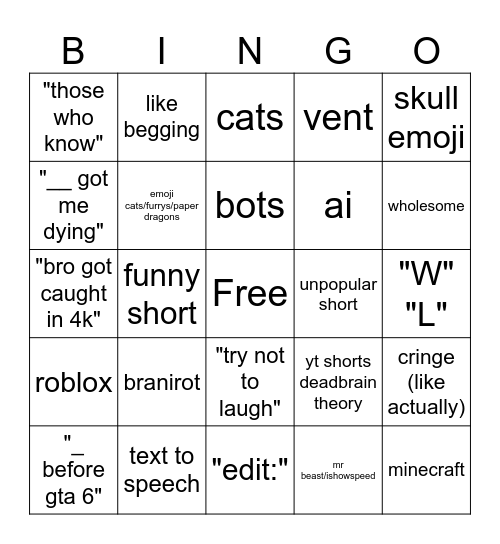 YT SHORTS BINGO Card