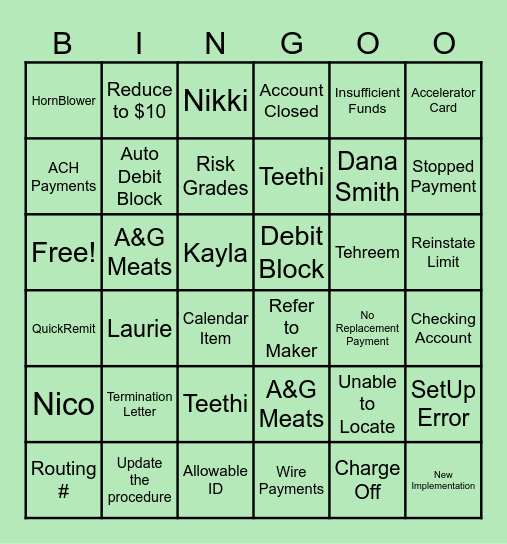 Returned Payments Bingo Card