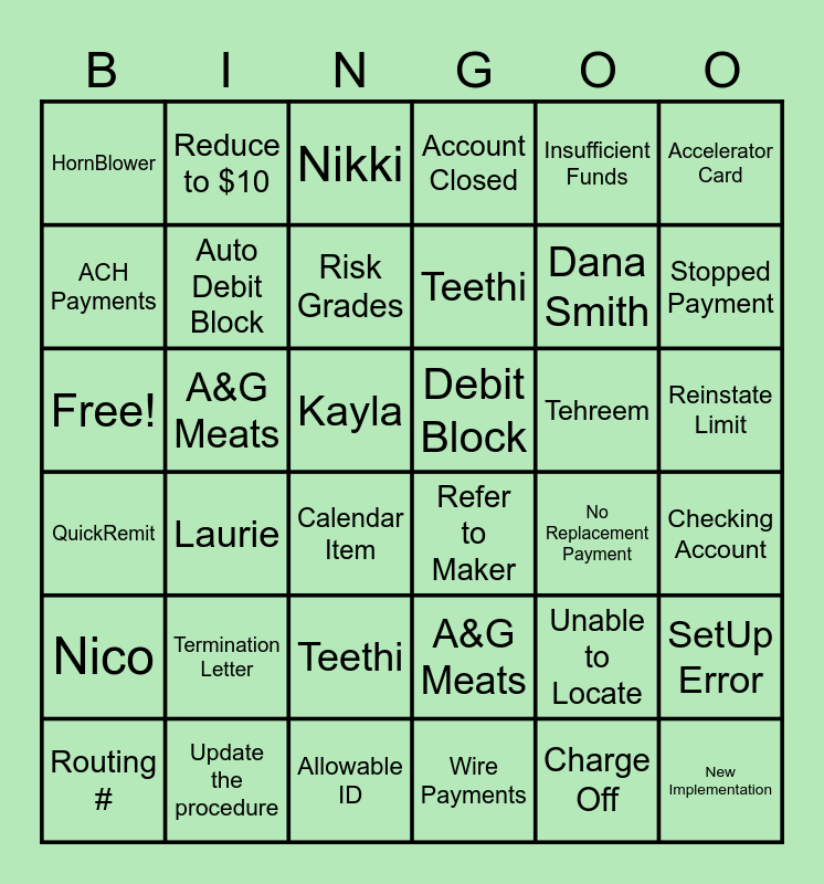 Returned Payments Bingo Card
