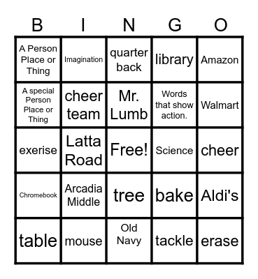 Nouns / Proper Nouns / Verbs Bingo Card