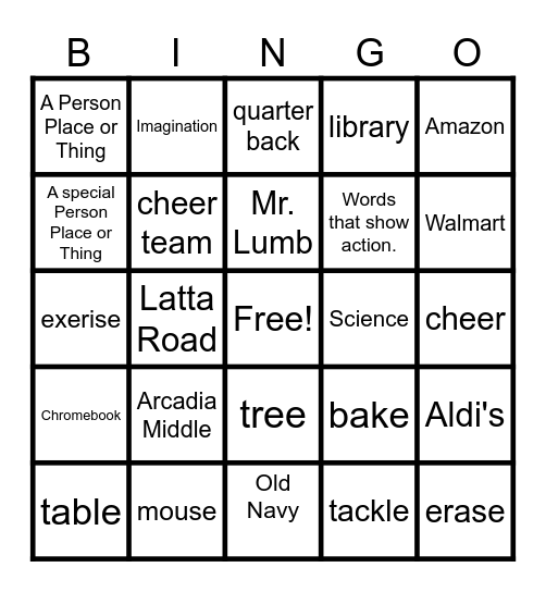 Nouns / Proper Nouns / Verbs Bingo Card