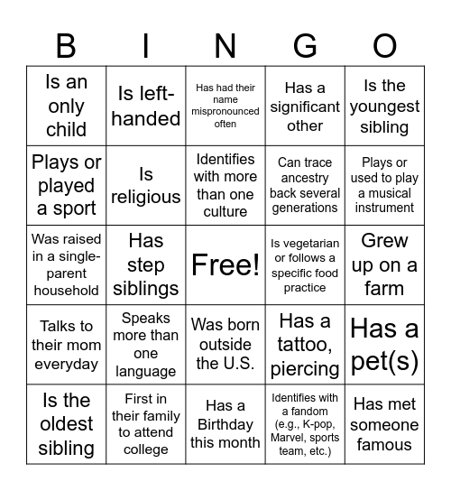 Identity Bingo Card