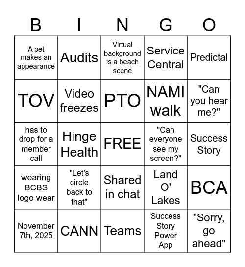 Specialty Team Bingo Card