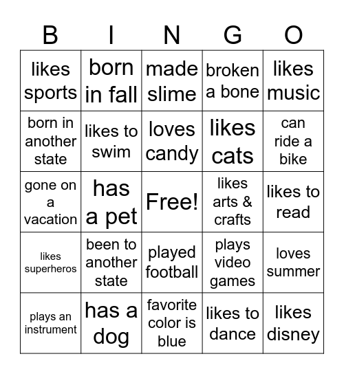 Get To Know Each Other Bingo Card