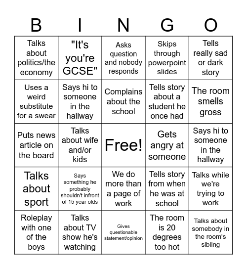 Mr Campbell Bingo Card
