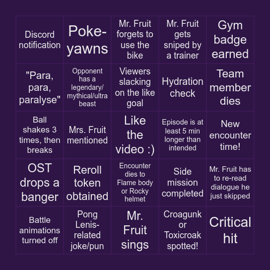Mr. Fruit's Pokemon Unbound Nuzlocke Bingo Card